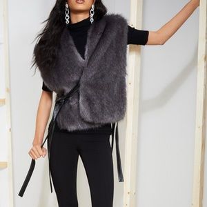 Helmet Lang Faux Fur Charcoal Vest with Leather Ties NWT